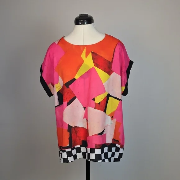 NESS Abstract Geometric Print Blouse Pink Orange Yellow Black White Women’s Size - Picture 2 of 8